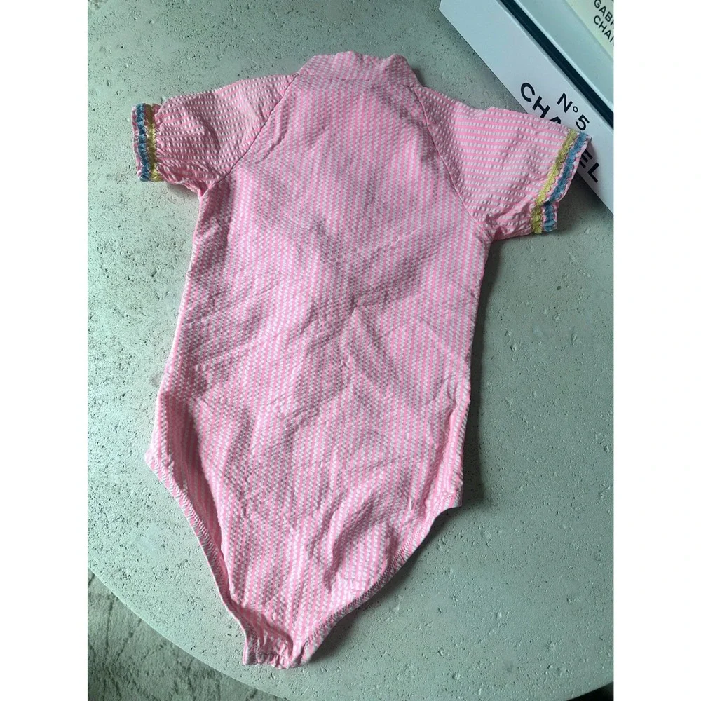Crewcuts Girls Seersucker Short-sleeve One Piece Rash Guard Swimsuit UPF 50+ 4 5